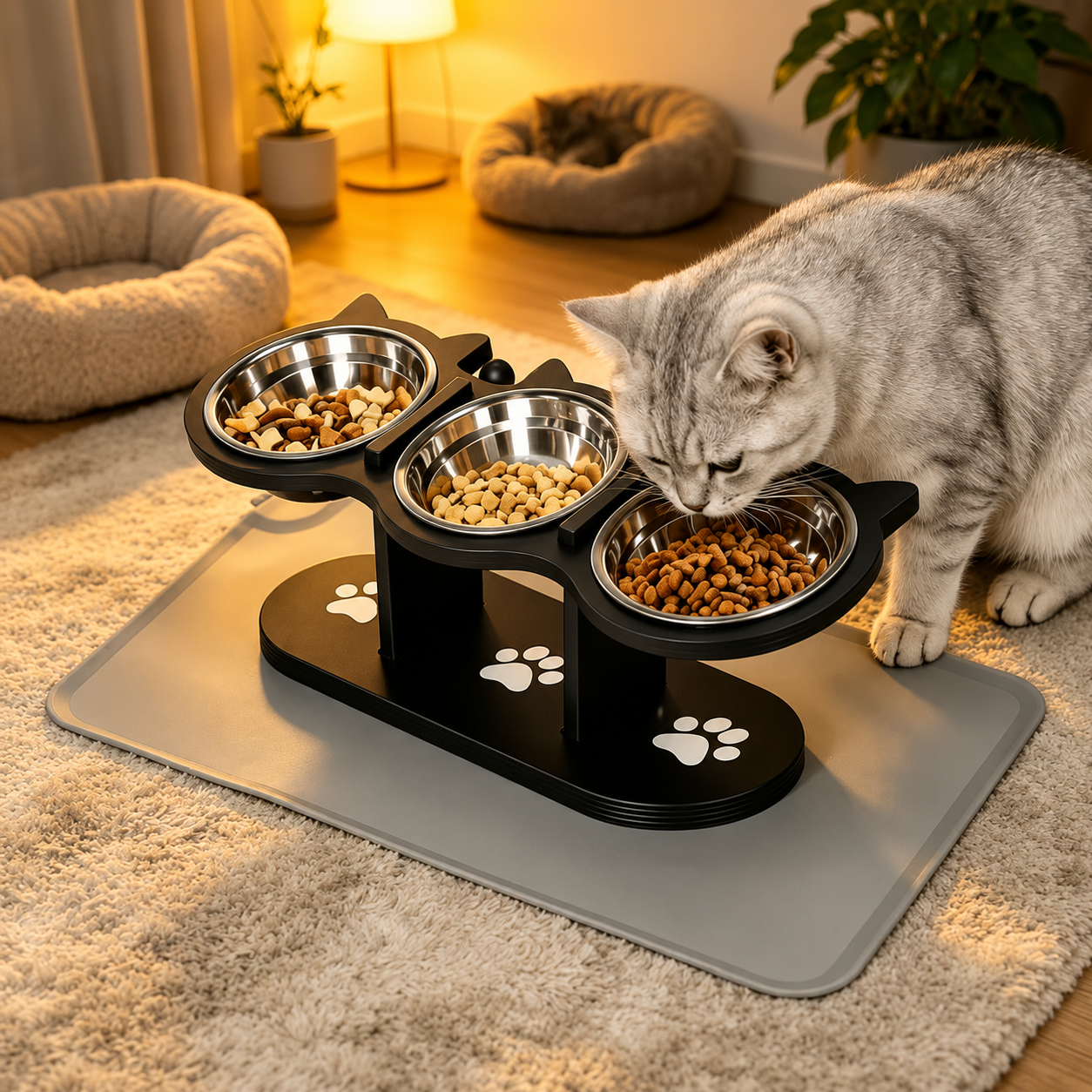 Premium 3-Bowl Raised Feeding Stand with Non-Slip Mat