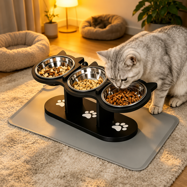 Premium 3-Bowl Raised Feeding Stand with Non-Slip Mat